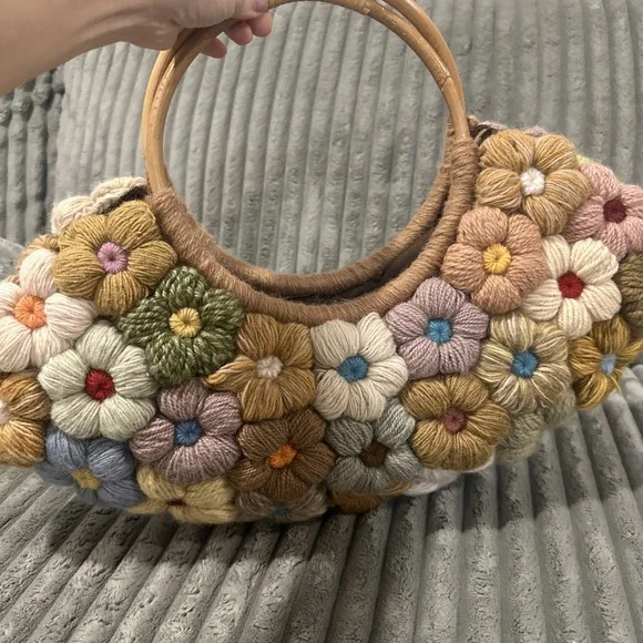 JP & Mattie Handbag Purse Quilt Crochet Vintage Boho Bamboo Handles Multicolor - Picture 5 of 14